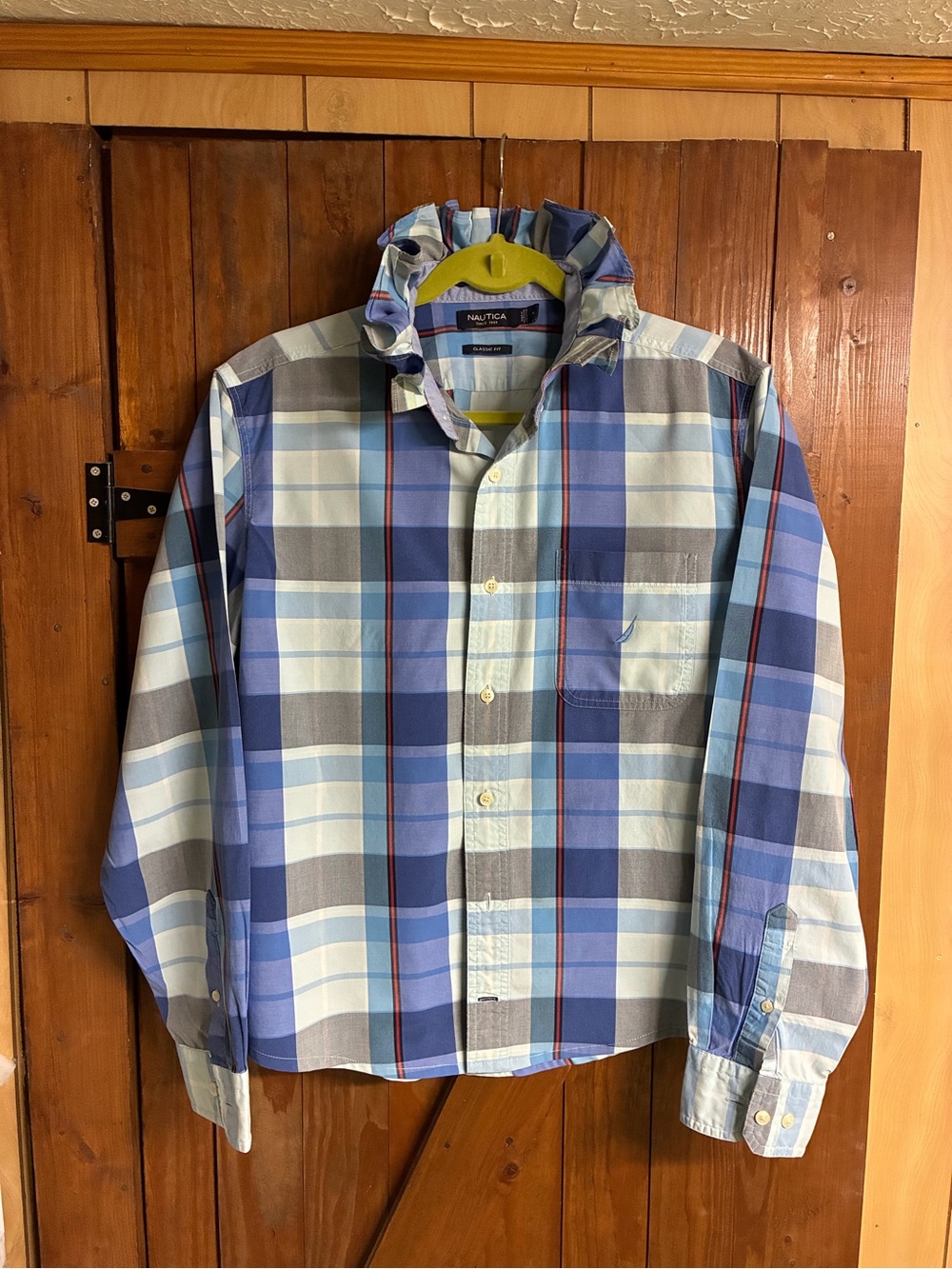 Nautica Blue and Gray Plaid Long-Sleeve Button-Down Shirt